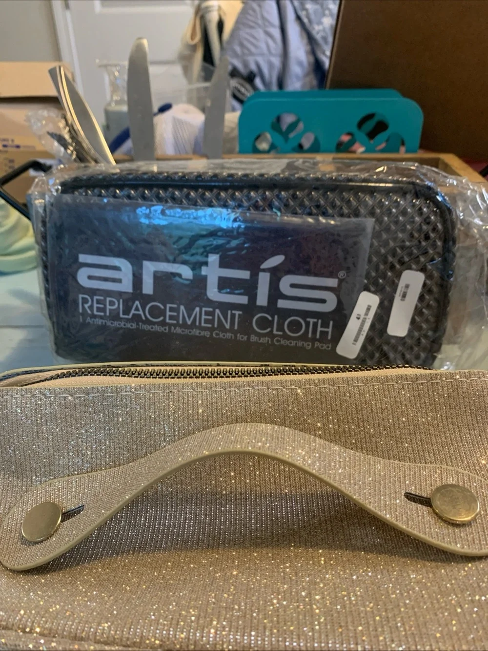 Artis Black Brush Bag with Cleansing Cloth and Gold Cosmetic Case - New